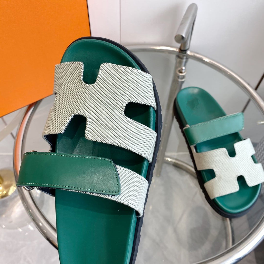 HERMES Chypre Canvas Sandal Tiff Leather