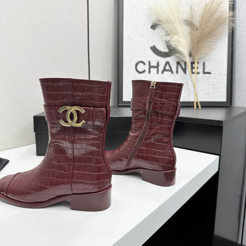 CHANEL Burgundy Croc-Effect CC Logo Mid-Calf Boots