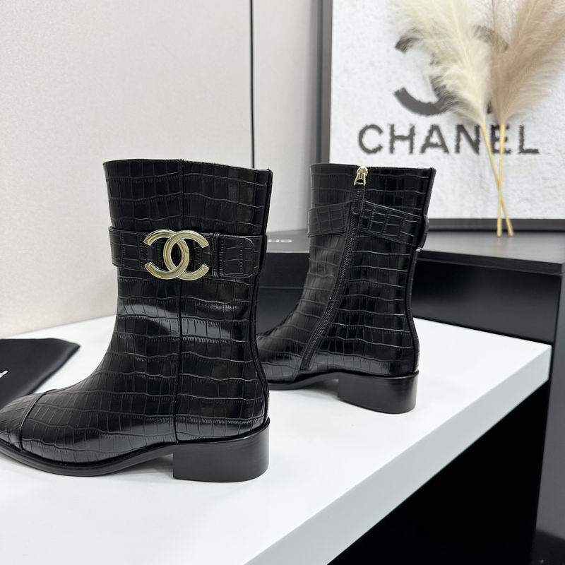 CHANEL Black Croc-Effect CC Logo Mid-Calf Boots