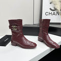 CHANEL Burgundy Croc-Effect CC Logo Mid-Calf Boots