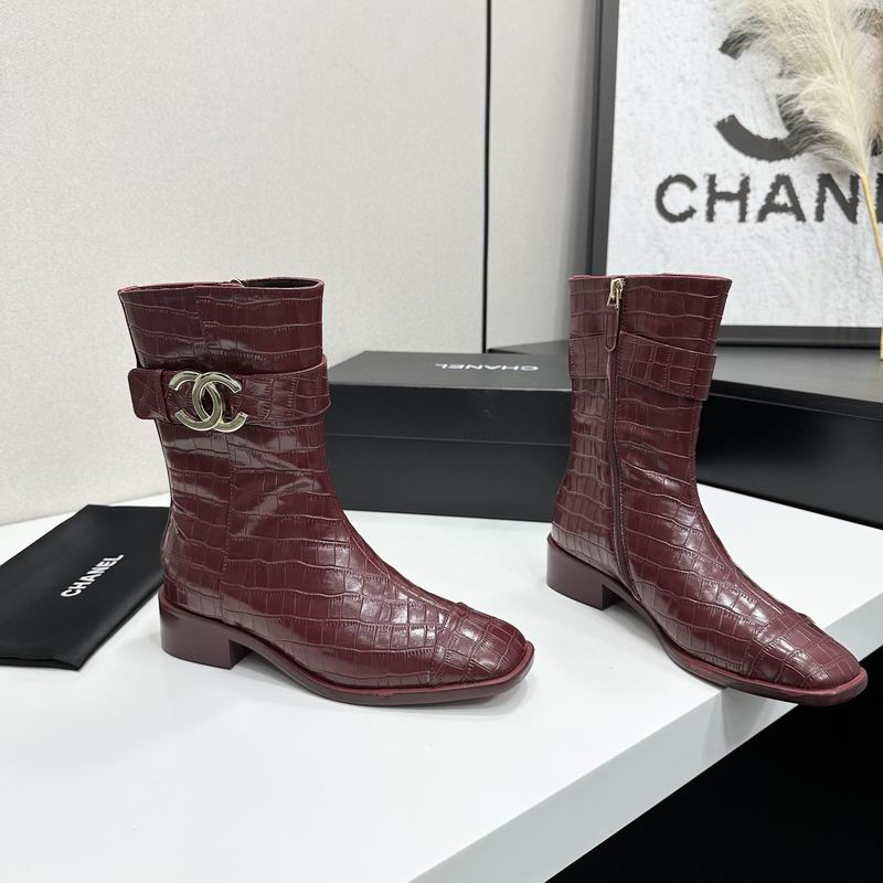 CHANEL Burgundy Croc-Effect CC Logo Mid-Calf Boots