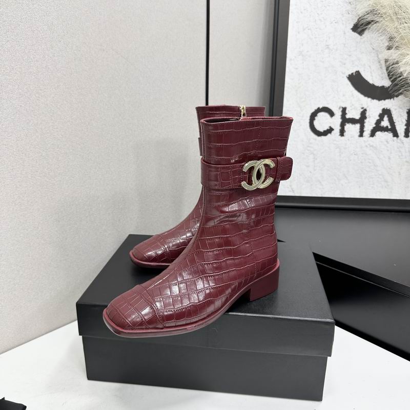 CHANEL Burgundy Croc-Effect CC Logo Mid-Calf Boots