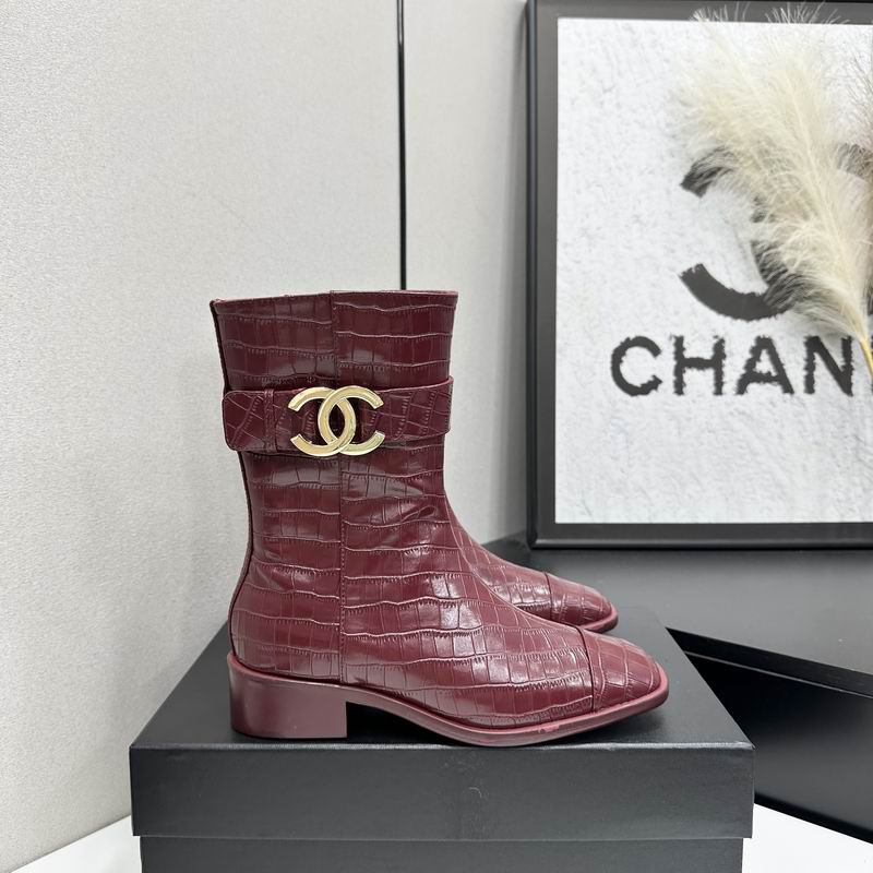 CHANEL Burgundy Croc-Effect CC Logo Mid-Calf Boots
