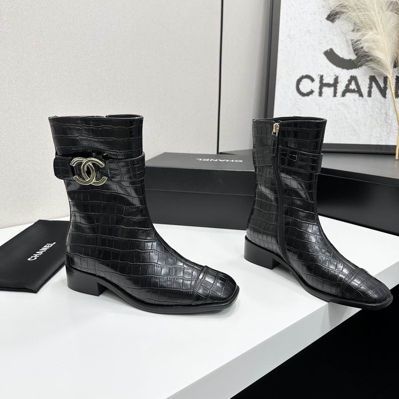 CHANEL Black Croc-Effect CC Logo Mid-Calf Boots