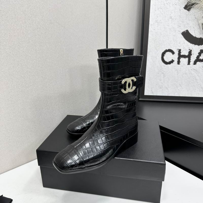 CHANEL Black Croc-Effect CC Logo Mid-Calf Boots