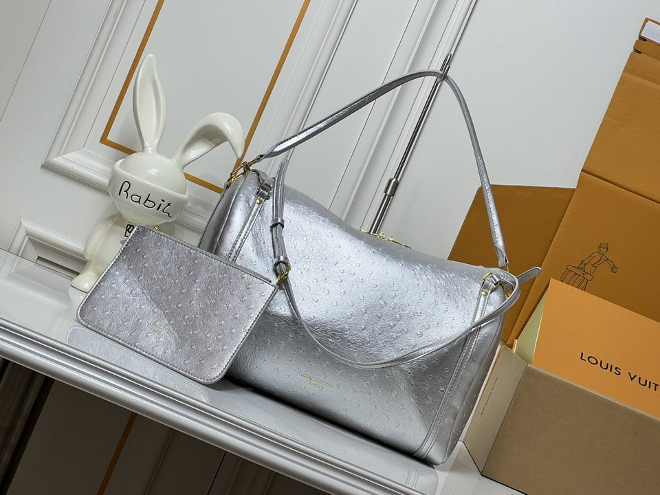 Louis Vuitton silver ostrich-embossed leather tote bag with matching mini pouch and gold-tone hardware