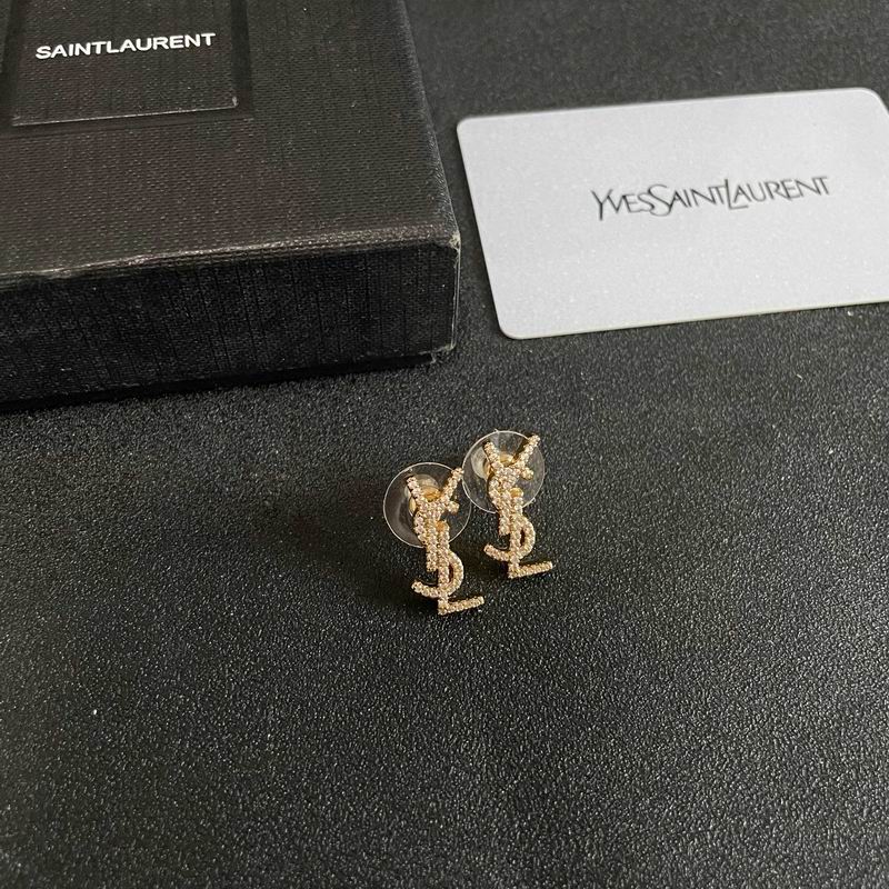 YSL Cassandre crystal gold stud earrings with Saint Laurent box and authenticity card