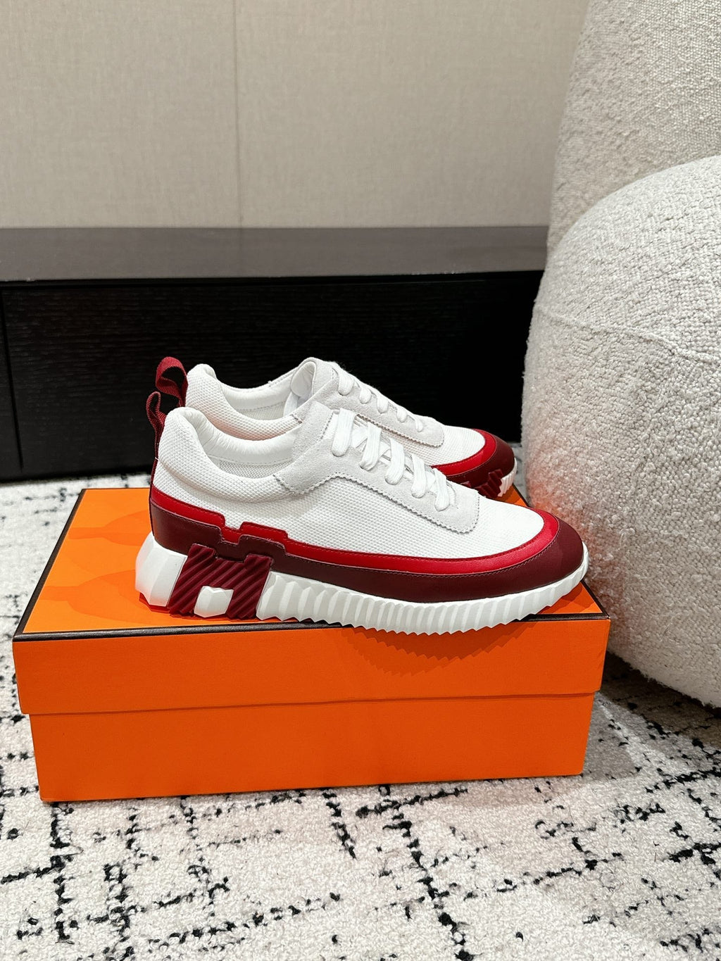 HERMES BOUNCING SNEAKER IN WINE RED CALFSKIN AND WHITE FABRIC