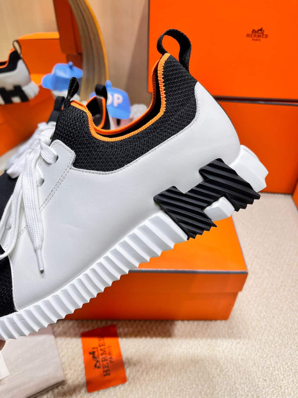 HERMES DEPART SLIP-ON SNEAKER IN WHITE MIX BLACK KNIT AND CALFSKIN